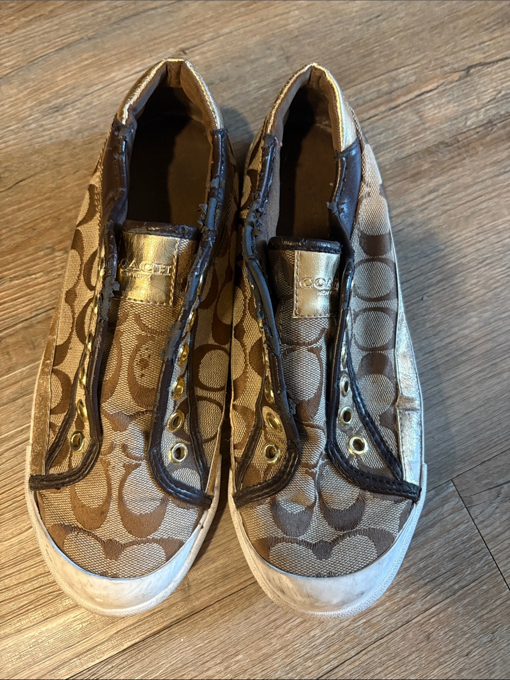 Coach Monogram Slip-On Sneakers in Brown and Metallic Gold
